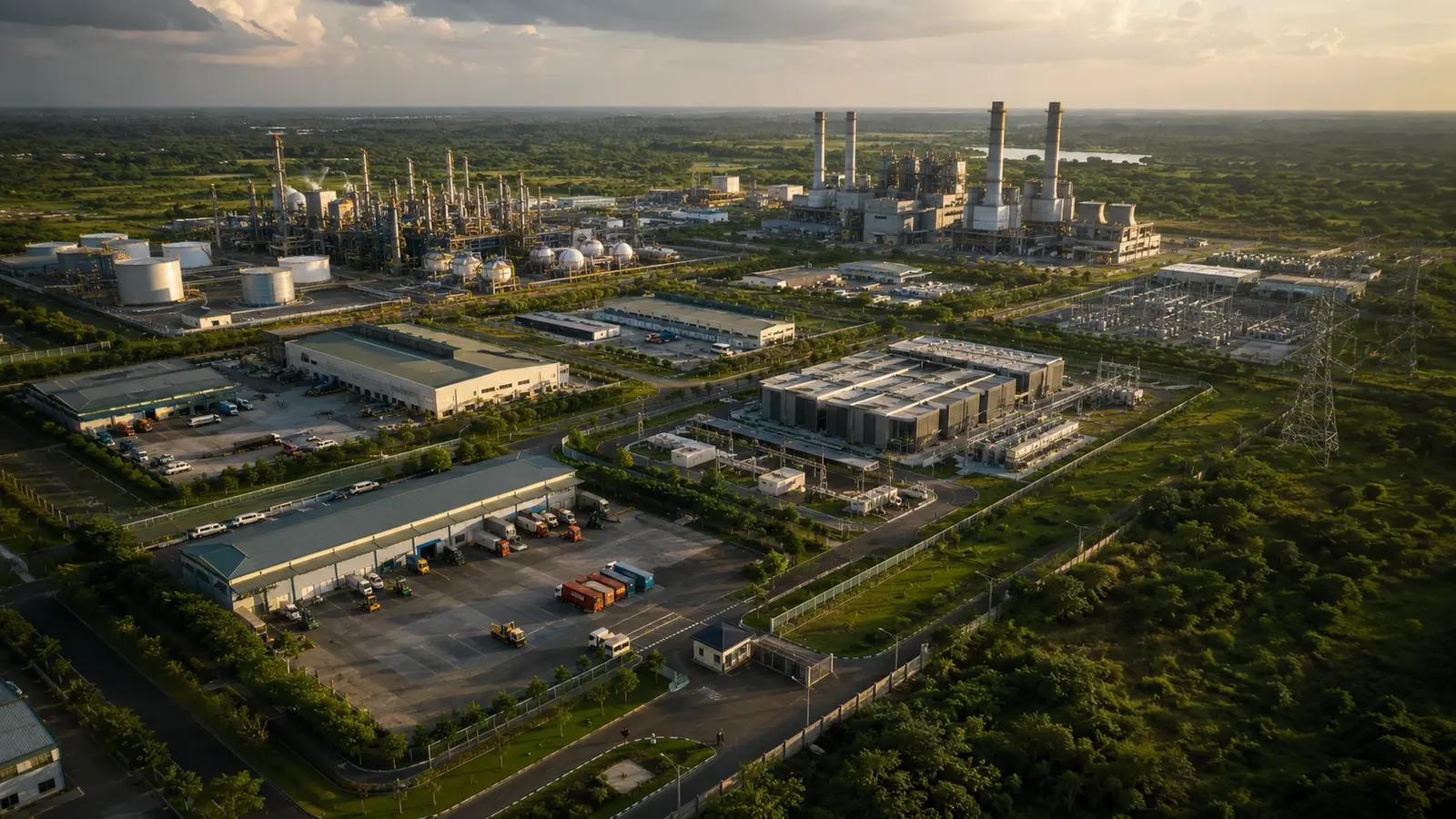 Original visual concept of an integrated industrial park connecting energy, digital and manufacturing infrastructure