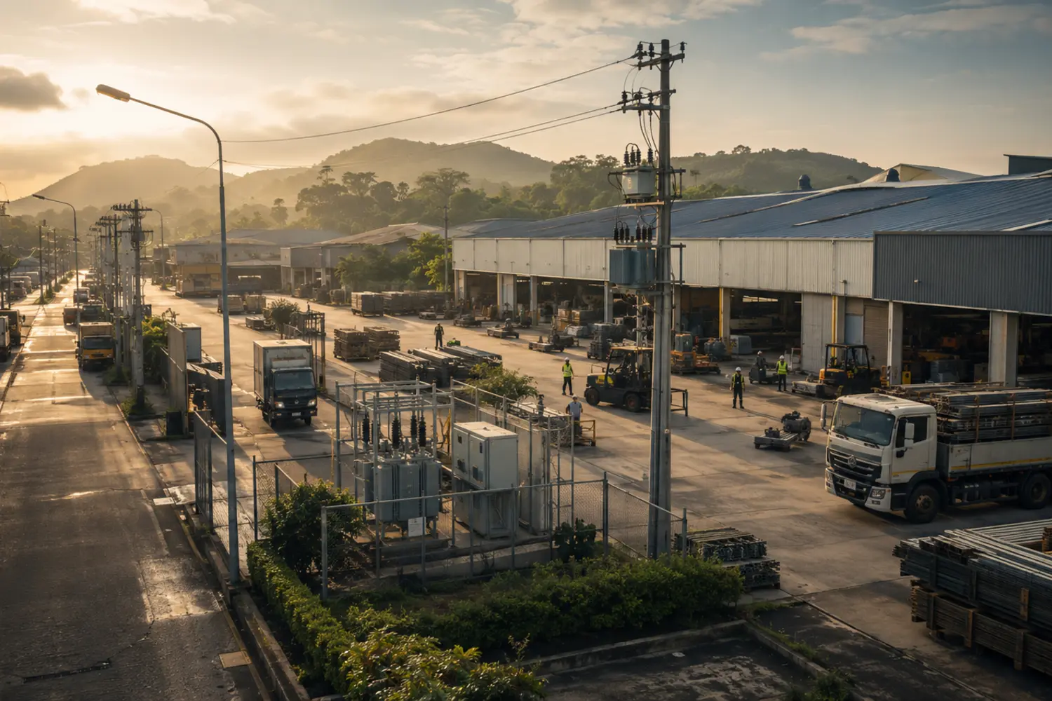 Active logistics and light-manufacturing zone within a modern industrial park