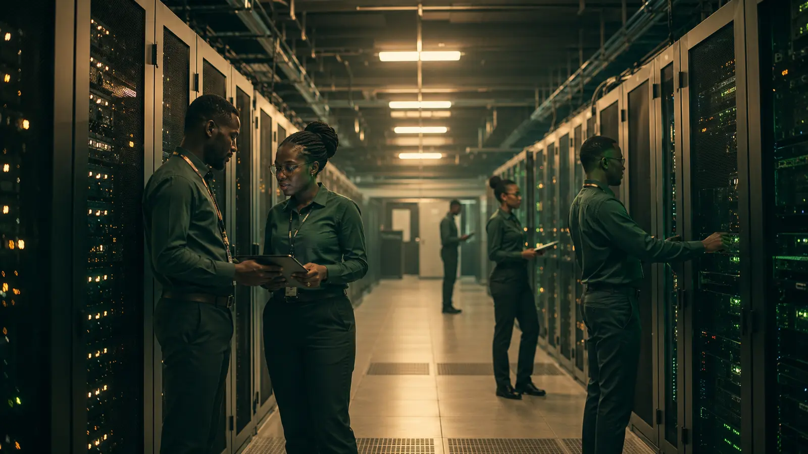 Data centre technical staff working in digital infrastructure