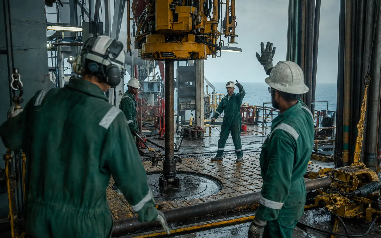 Offshore drilling crew coordinating drill-floor operations