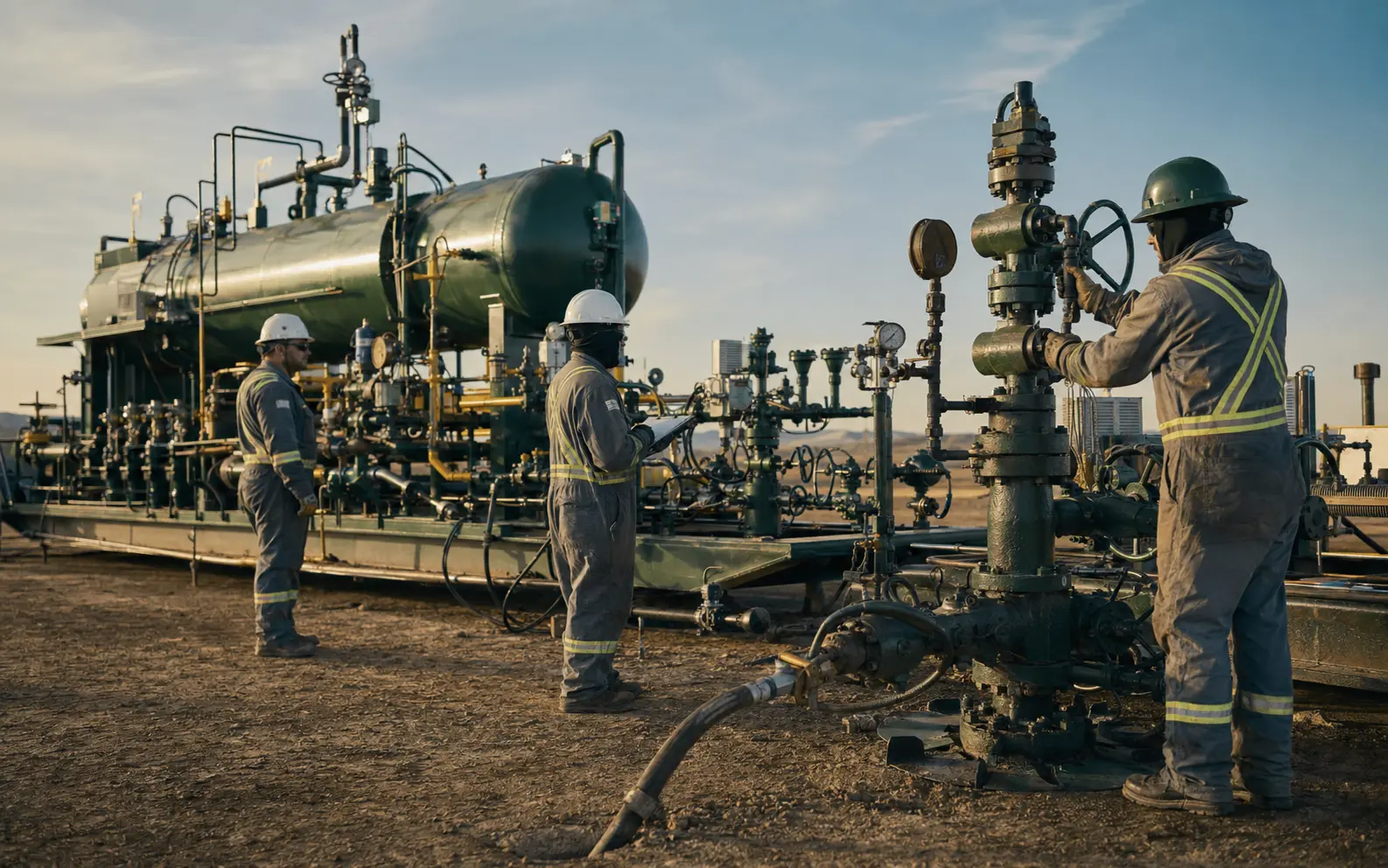 Production engineers operating well-testing equipment